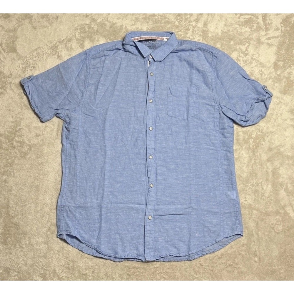 Projek Raw Linen Blend Shirt Men's Size Large Blue Short Sleeve Button Up